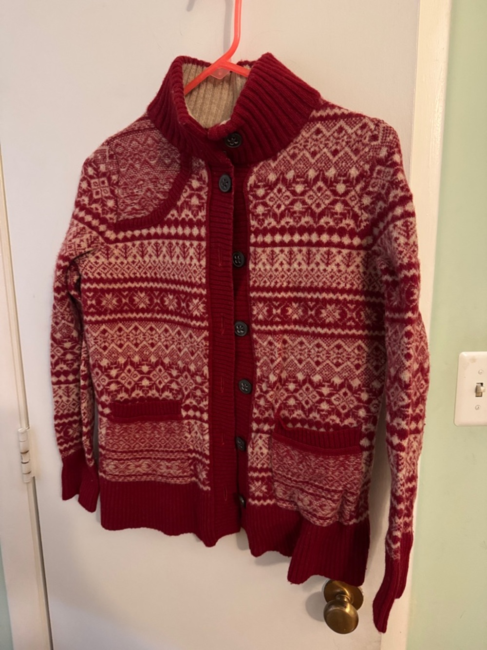 Eddie Bauer Red and Cream Fair Isle Button-Front Cardigan